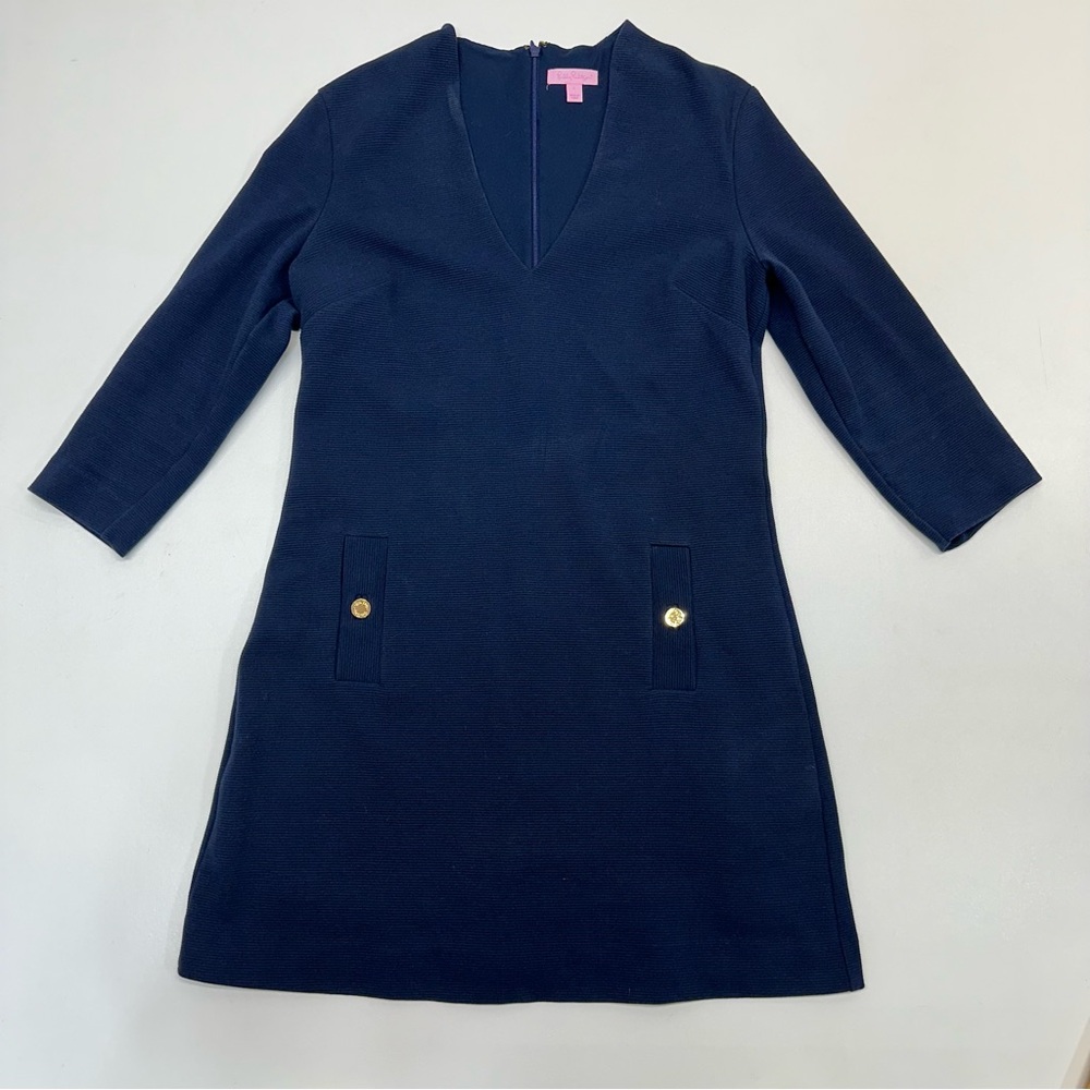 Lily Pulitzer Charlena Shift Dress Navy Blue Ribbed Knit Vneck Womens Size Large